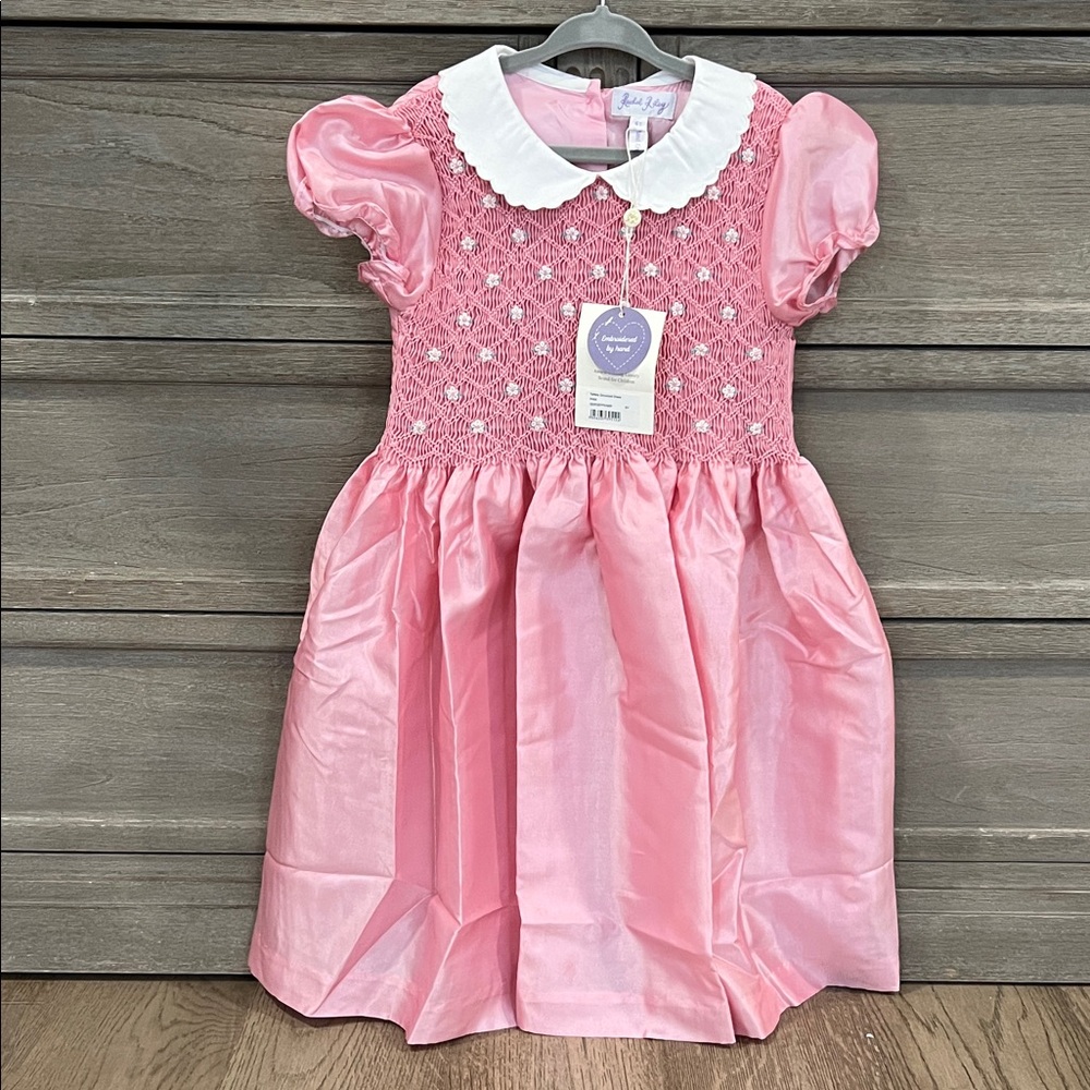 Rachel Riley Pink Smocked embroidered rosebud taffeta Dress